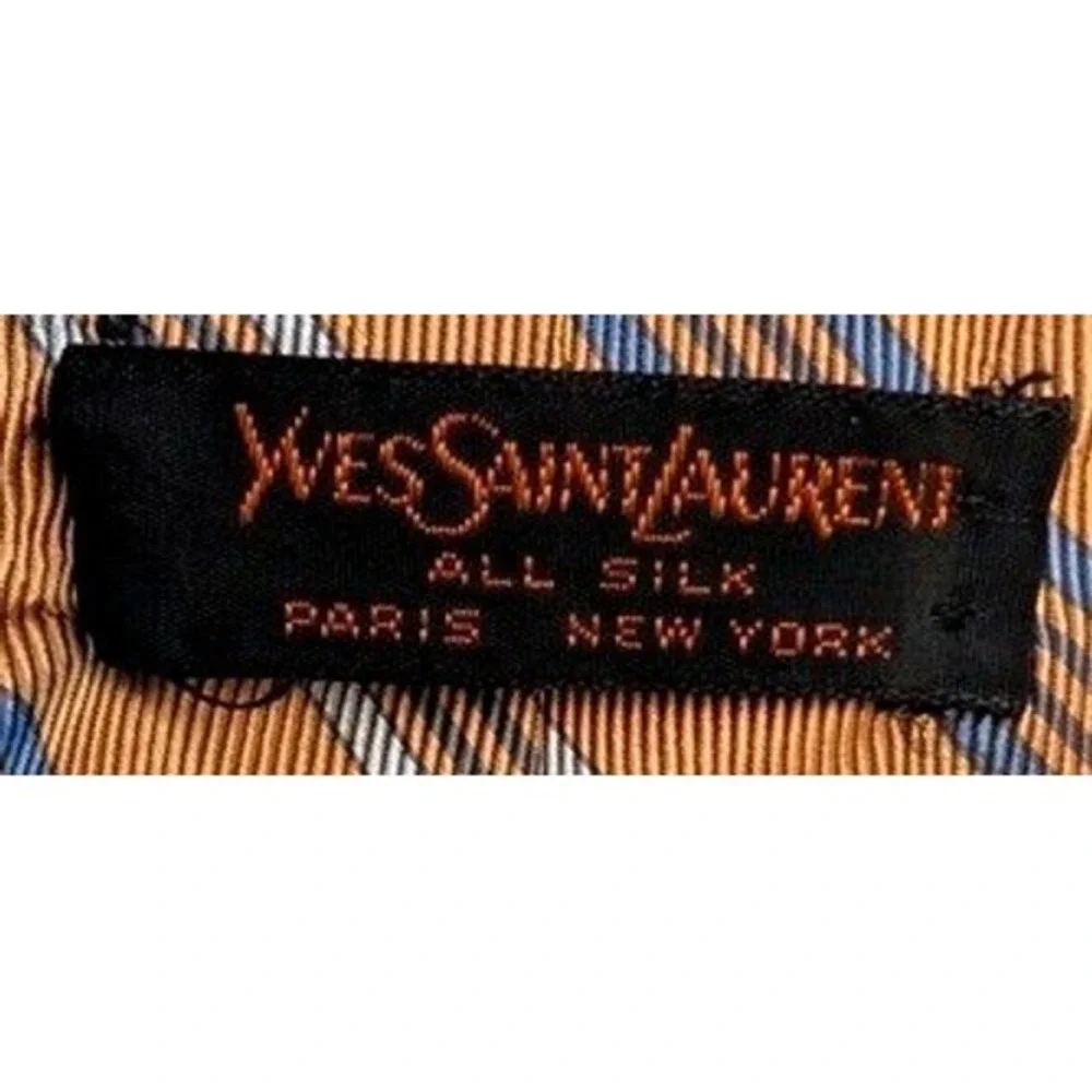 Yves Saint Laurent Tie Men OS Gold/Blue/Silver Striped Silk Classic Necktie~VTG.
